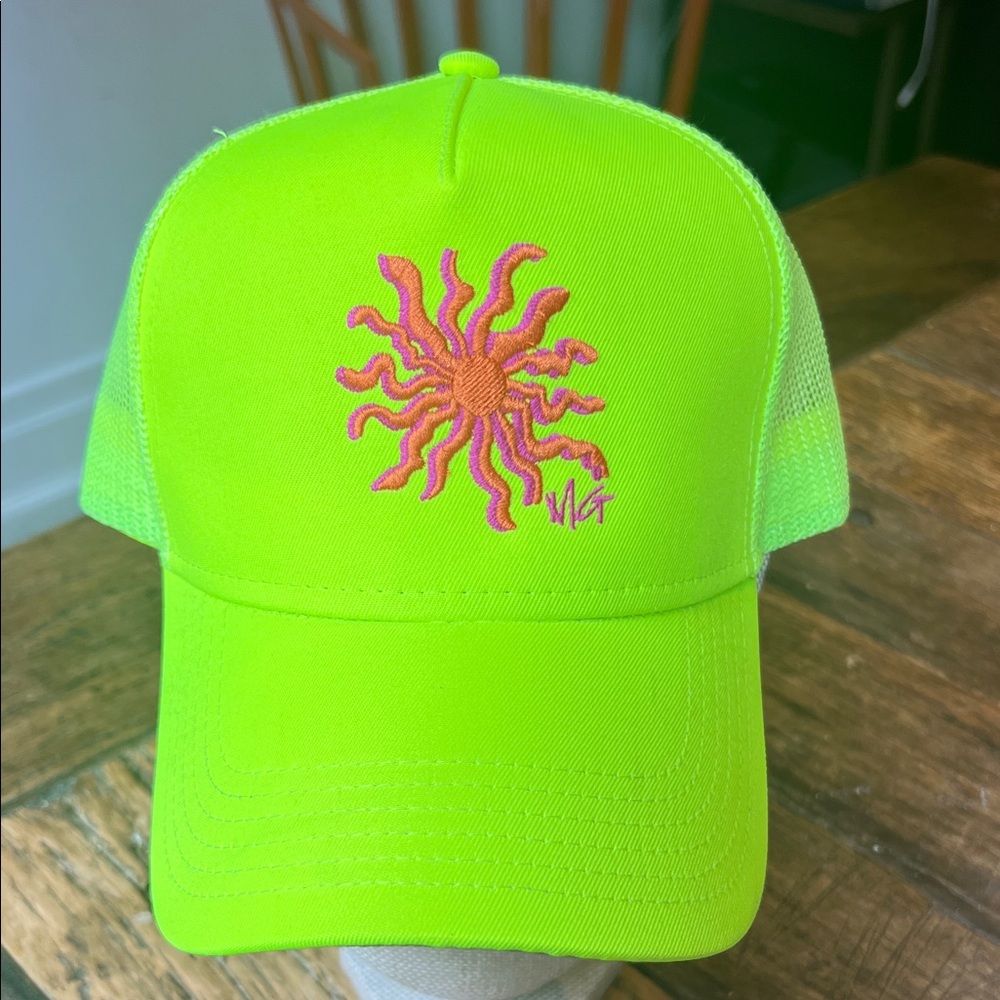 Neon Yellow/Green Mignonne Gavigan Trucker Hat with Pink Sun Embroidery